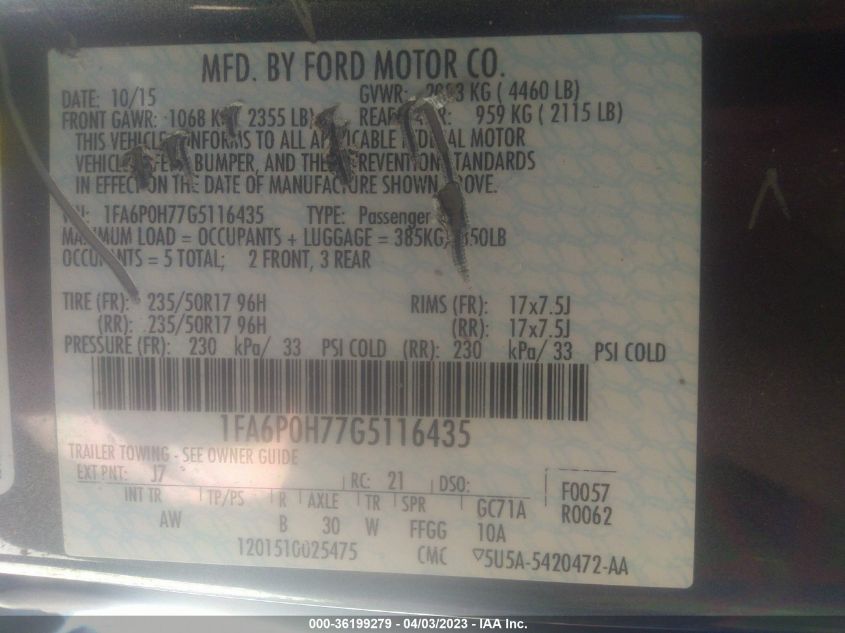 2016 FORD FUSION SE - 1FA6P0H77G5116435