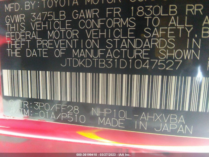 2013 TOYOTA PRIUS C ONE/TWO/THREE/FOUR - JTDKDTB31D1047527