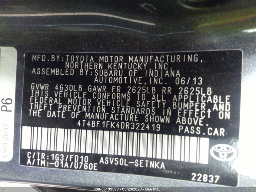 2013 TOYOTA CAMRY L/LE/SE/XLE - 4T4BF1FK4DR322419