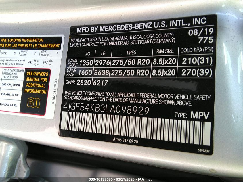 2020 MERCEDES-BENZ GLE GLE 350 - 4JGFB4KB3LA098929