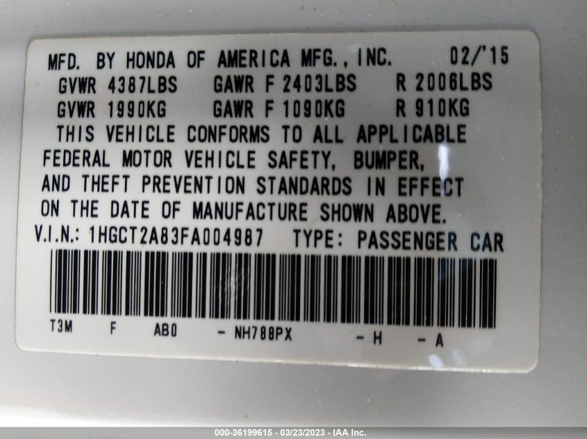2015 HONDA ACCORD COUPE EX-L - 1HGCT2A83FA004987