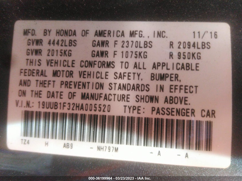 VIN 19UUB1F32HA005520 2017 ACURA TLX
