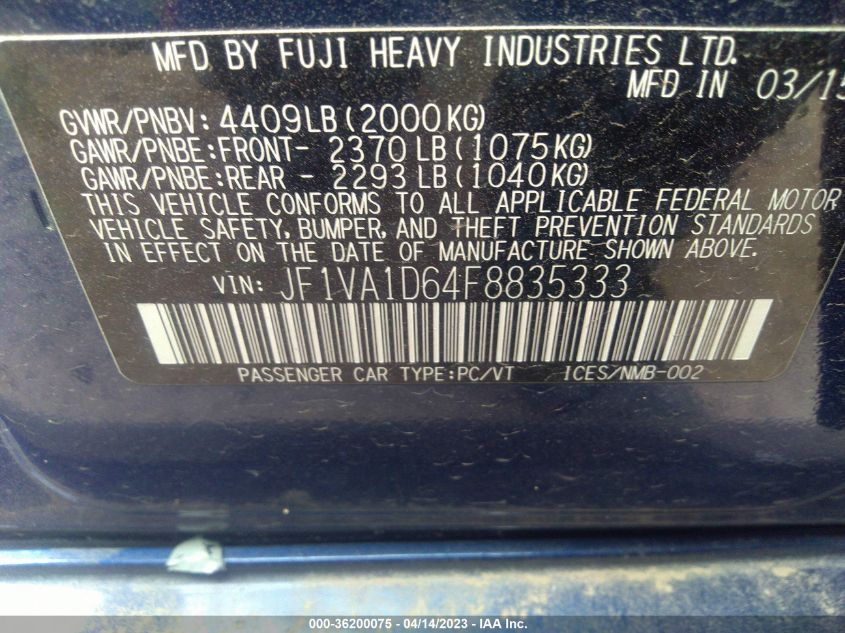 2015 SUBARU WRX PREMIUM - JF1VA1D64F8835333
