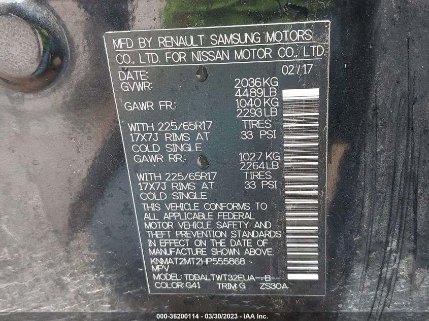2017 NISSAN ROGUE SV - KNMAT2MT2HP555868