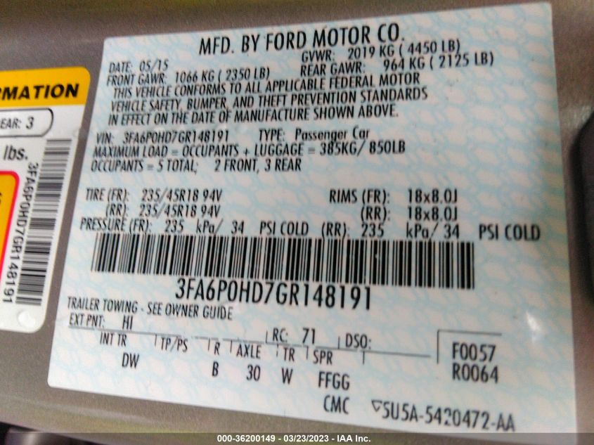 2016 FORD FUSION SE - 3FA6P0HD7GR148191