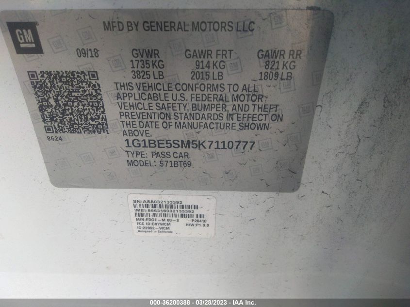 2019 CHEVROLET CRUZE LT - 1G1BE5SM5K7110777