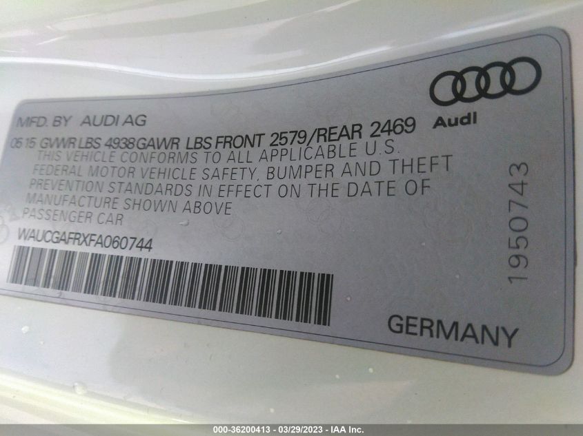 2015 AUDI S5 PREMIUM PLUS WAUCGAFRXFA060744