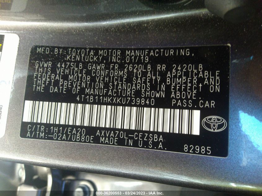 2019 TOYOTA CAMRY LE/SE/XLE/L - 4T1B11HKXKU739840
