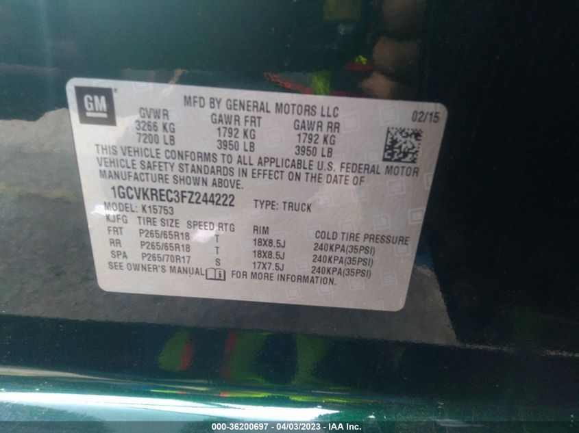 2015 CHEVROLET SILVERADO 1500 LT - 1GCVKREC3FZ244222