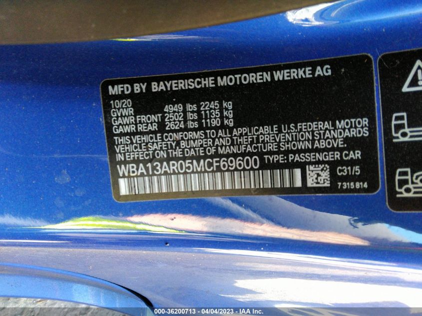 2021 BMW 4 SERIES M440I XDRIVE - WBA13AR05MCF69600
