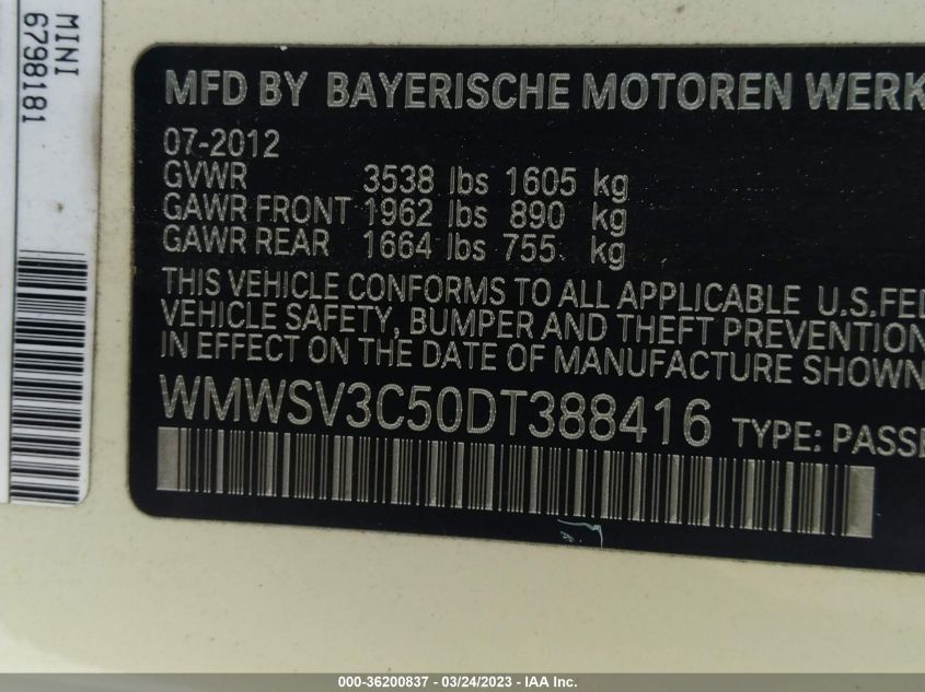 2013 MINI COOPER HARDTOP S - WMWSV3C50DT388416
