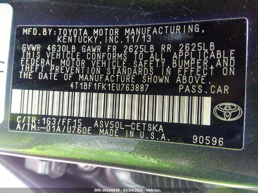 2014 TOYOTA CAMRY L/LE/XLE/SE/SE SPORT - 4T1BF1FK1EU763887