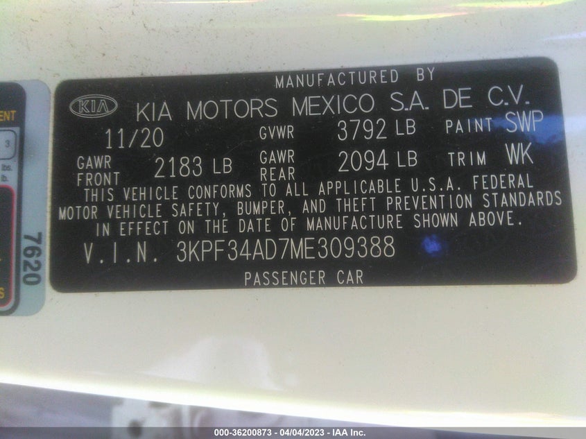 VIN 3KPF34AD7ME309388 2021 KIA FORTE GT-LINE
