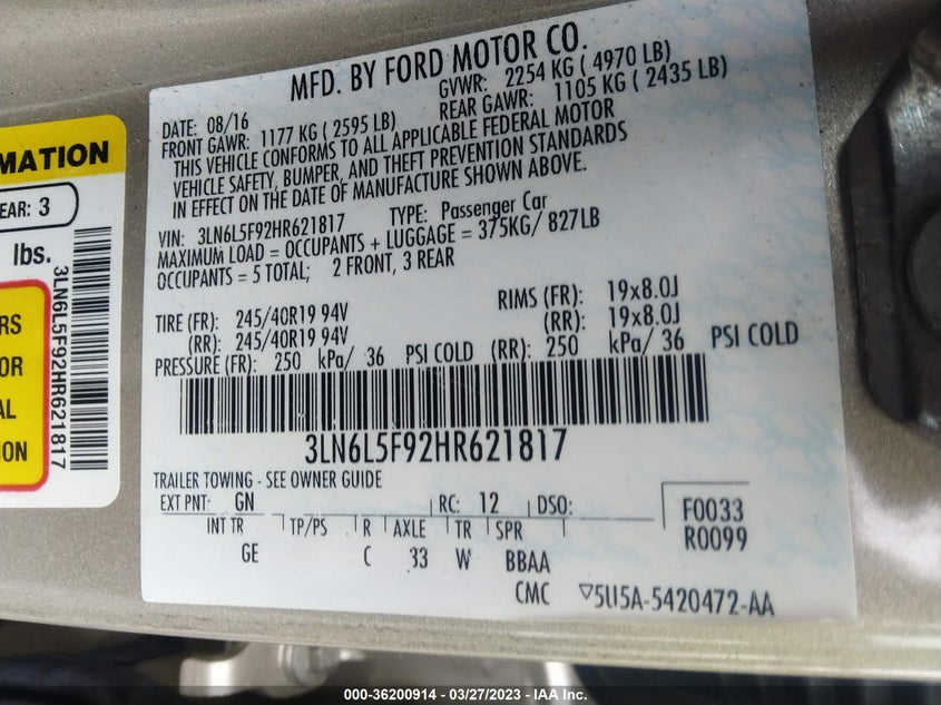 VIN 3LN6L5F92HR621817 2017 LINCOLN MKZ RESERVE