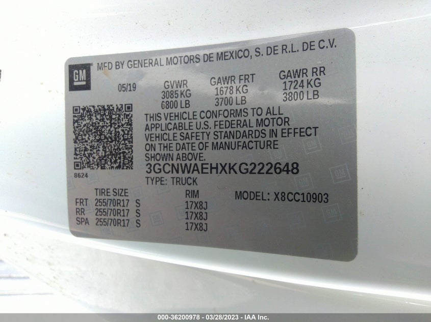 VIN 3GCNWAEHXKG222648 2019 CHEVROLET SILVERADO 1500 WORK TRUCK