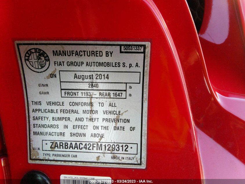 2015 ALFA ROMEO 4C LAUNCH EDITION - ZARBAAC42FM129312