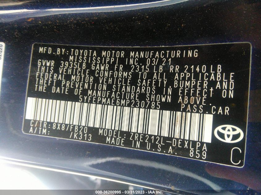 2021 TOYOTA COROLLA LE - 5YFEPMAE6MP230785
