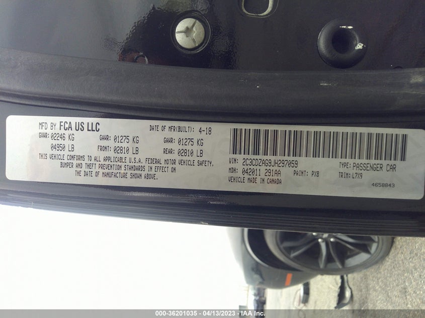 VIN 2C3CDZAG9JH297059 2018 DODGE CHALLENGER SXT