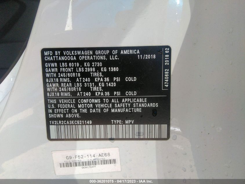 2019 VOLKSWAGEN ATLAS 3.6L V6 SE - 1V2LR2CA3KC521149