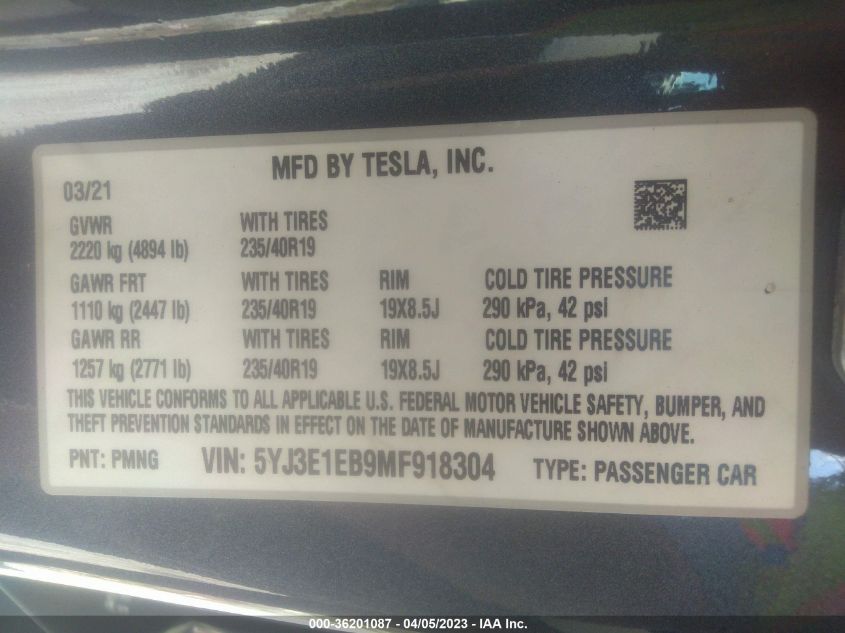 2021 TESLA MODEL 3 LONG RANGE - 5YJ3E1EB9MF918304