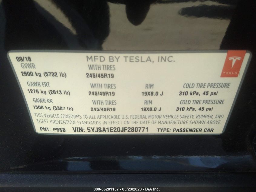 2018 TESLA MODEL S 75D/100D/P100D - 5YJSA1E20JF280771