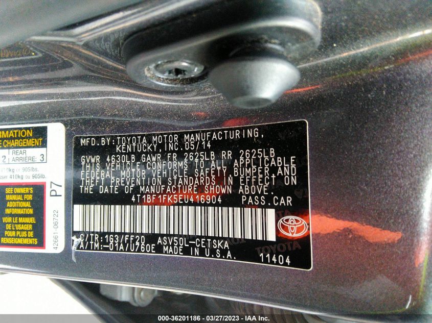 2014 TOYOTA CAMRY L/LE/XLE/SE/SE SPORT - 4T1BF1FK5EU416904