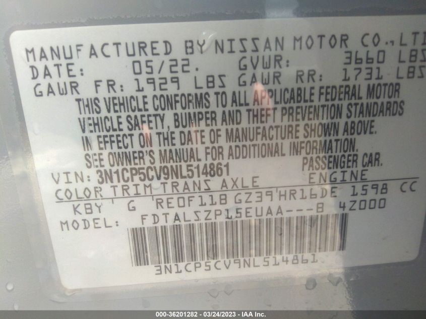 2022 NISSAN KICKS SV - 3N1CP5CV9NL514861
