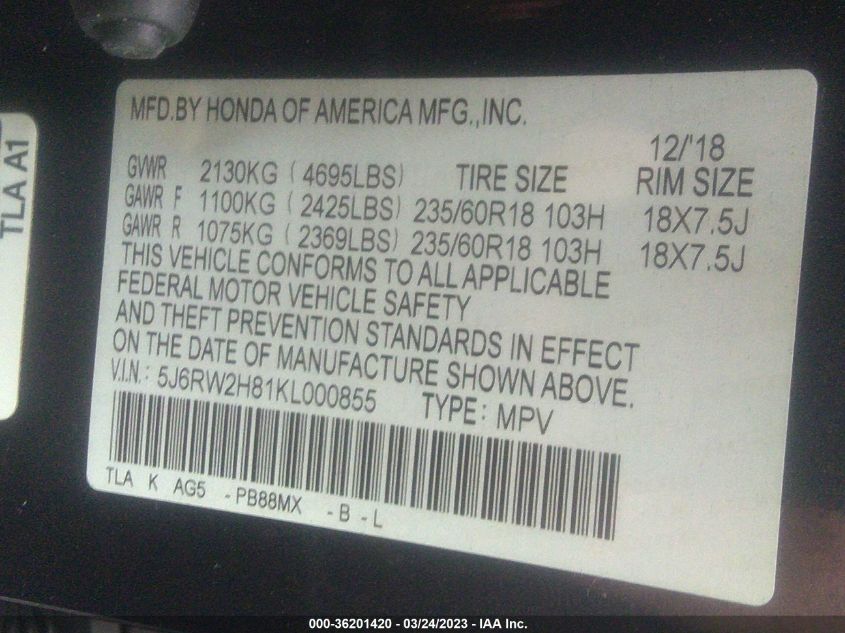 2019 HONDA CR-V EX-L - 5J6RW2H81KL000855