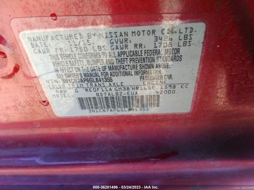 2016 NISSAN VERSA S/S PLUS/SL/SV - 3N1CN7AP6GL841355