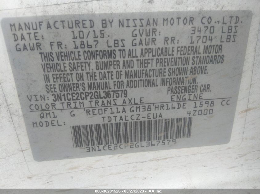 2016 NISSAN VERSA NOTE S PLUS - 3N1CE2CP2GL367579