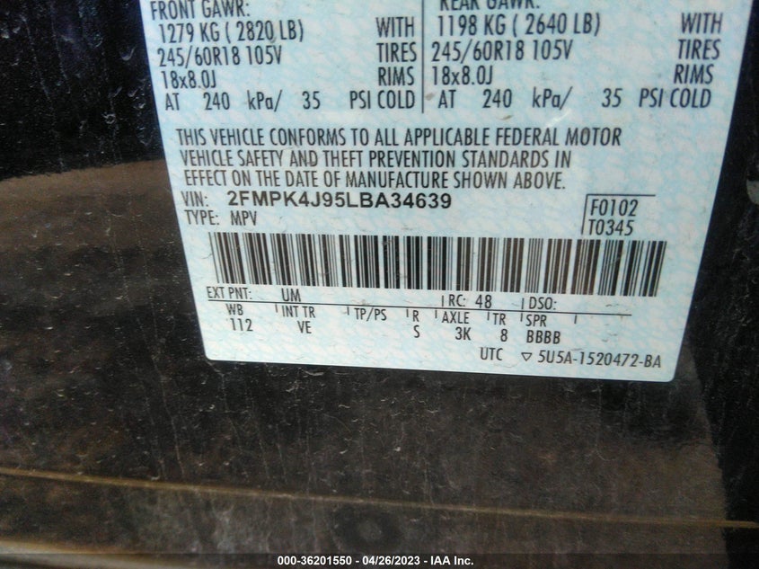 VIN 2FMPK4J95LBA34639 2020 FORD EDGE SEL/ST LINE