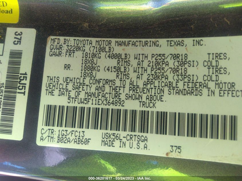 2014 TOYOTA TUNDRA 4WD TRUCK SR/SR5 - 5TFUW5F11EX364892