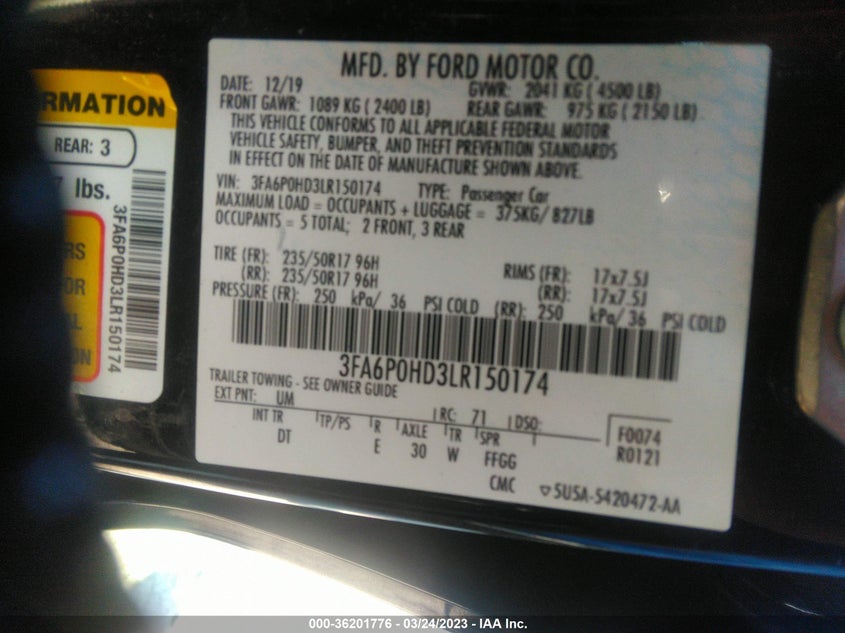 VIN 3FA6P0HD3LR150174 2020 FORD FUSION SE