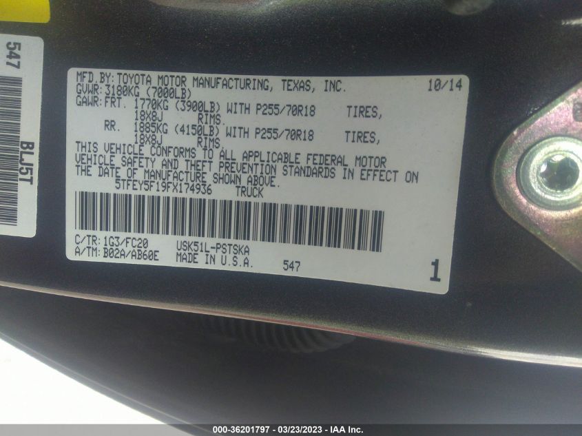 2015 TOYOTA TUNDRA 2WD TRUCK SR5 - 5TFEY5F19FX174936