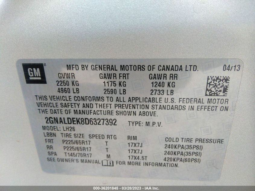 2013 CHEVROLET EQUINOX LT - 2GNALDEK8D6327392