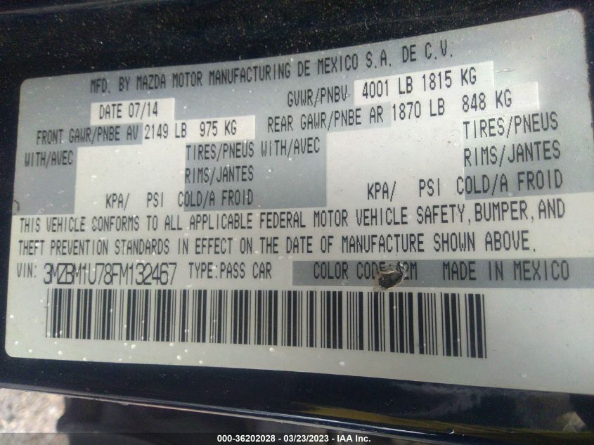 2015 MAZDA MAZDA3 I SPORT - 3MZBM1U78FM132467