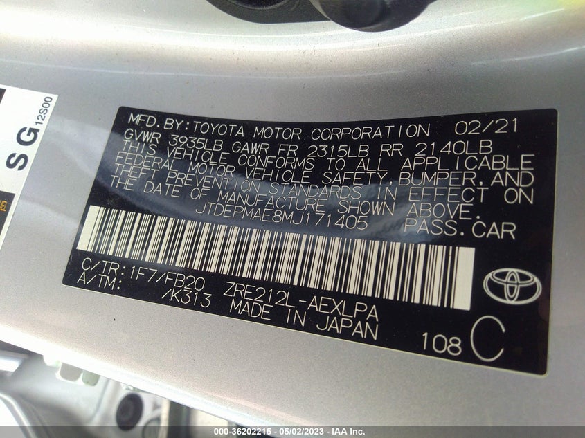 2021 TOYOTA COROLLA 1.8L I4 FI DOHC 16V (VIN: JTDEPMAE8MJ171405
