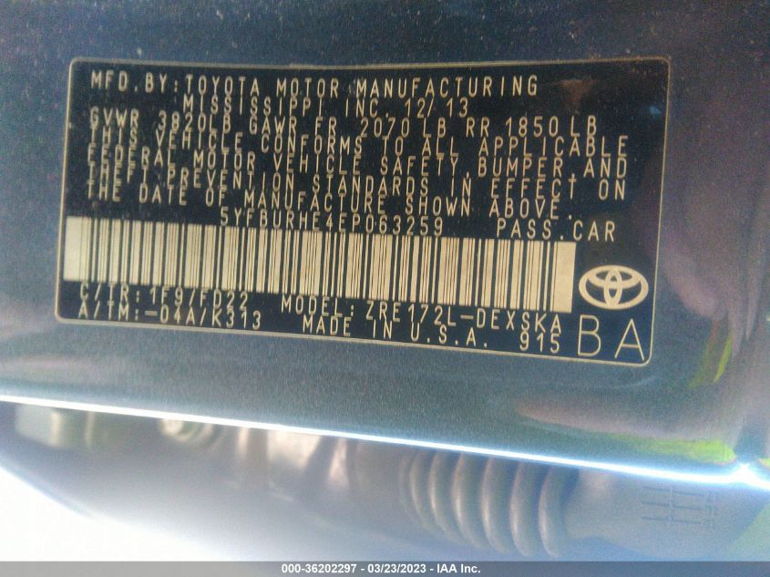 2014 TOYOTA COROLLA L/LE/S/S PLUS/LE PLUS - 5YFBURHE4EP063259