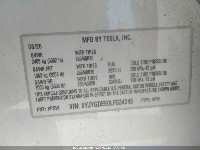 VIN 5YJYGDEE0LF034245 2020 TESLA MODEL Y LONG RANGE