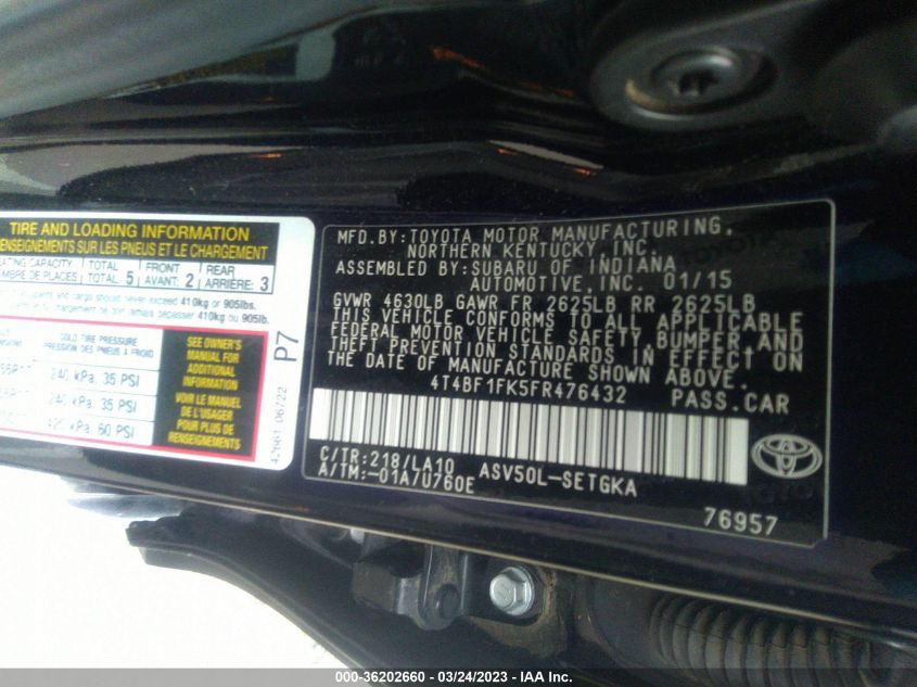 2015 TOYOTA CAMRY XLE/SE/LE/XSE - 4T4BF1FK5FR476432