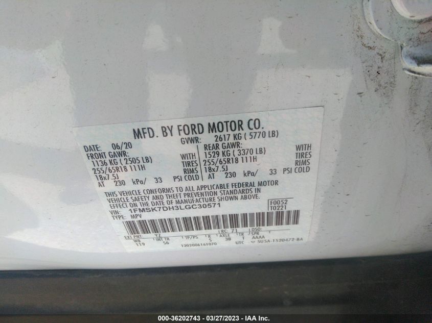 2020 FORD EXPLORER XLT - 1FMSK7DH3LGC30571