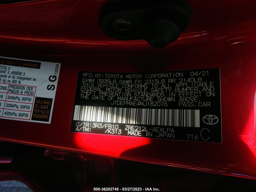 VIN JTDEPMAE4MJ182076 2021 TOYOTA COROLLA LE
