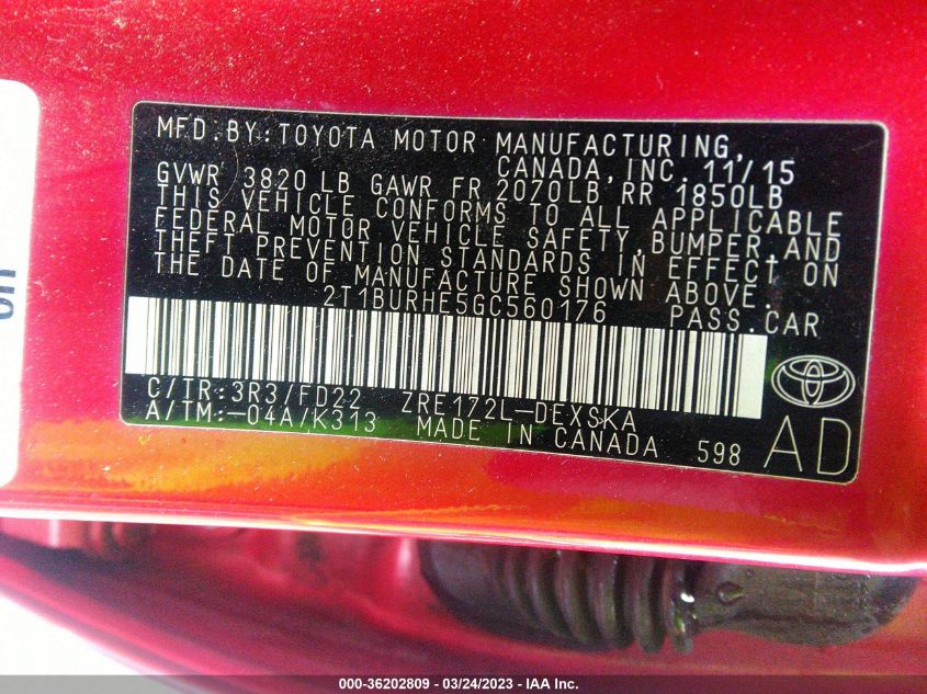 2016 TOYOTA COROLLA L/LE/S/S PLUS/LE PLUS - 2T1BURHE5GC560176