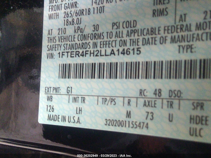VIN 1FTER4FH2LLA14615 2020 FORD RANGER XL/XLT/LARIAT