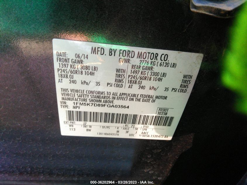 2015 FORD EXPLORER XLT - 1FM5K7D89FGA03564