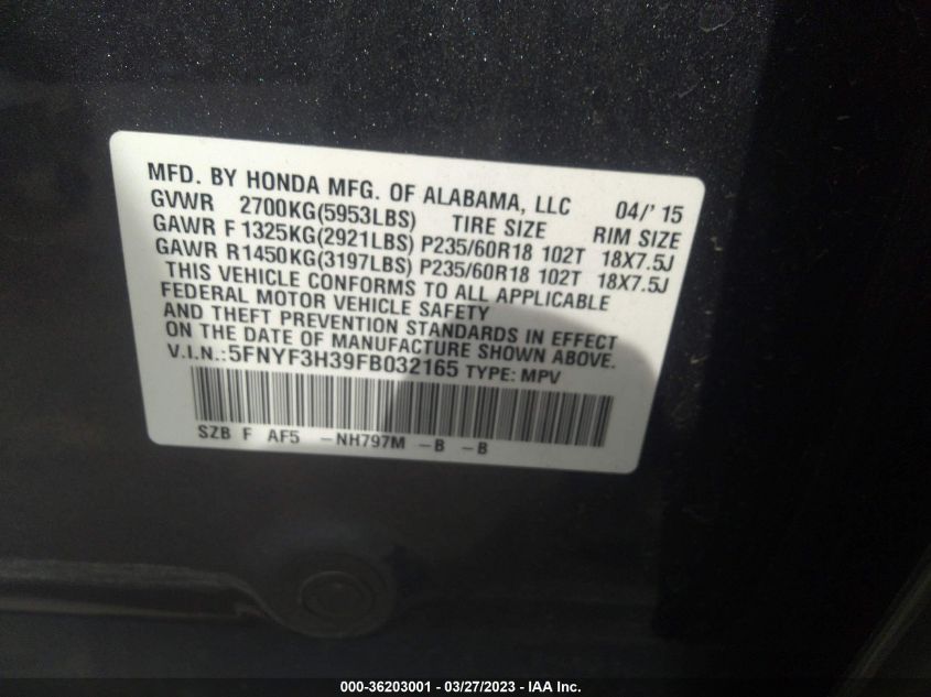 2015 HONDA PILOT SE - 5FNYF3H39FB032165
