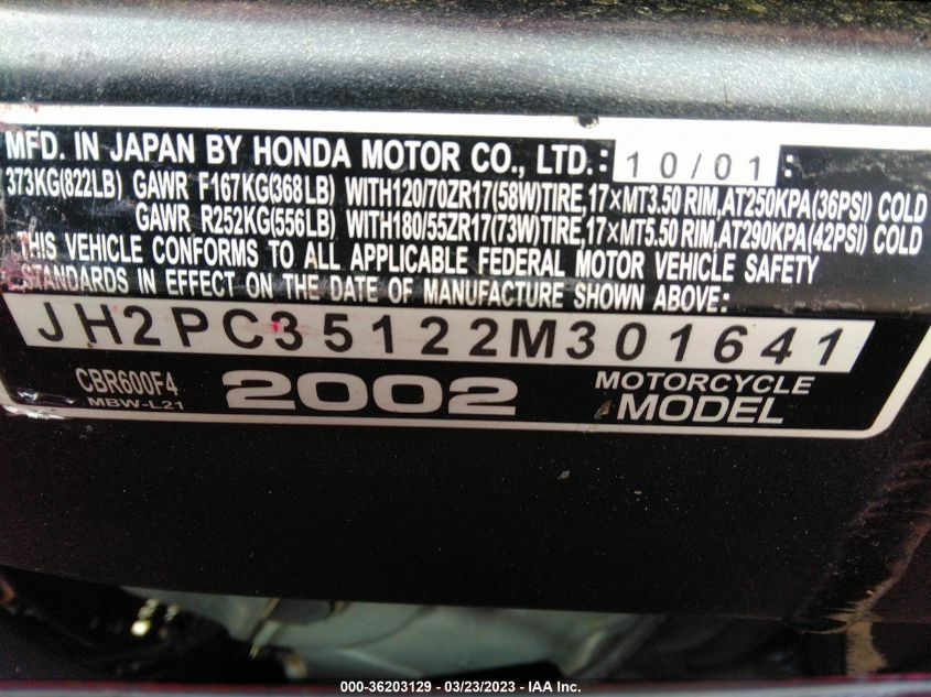 2002 HONDA CBR600 F4 - JH2PC35122M301641