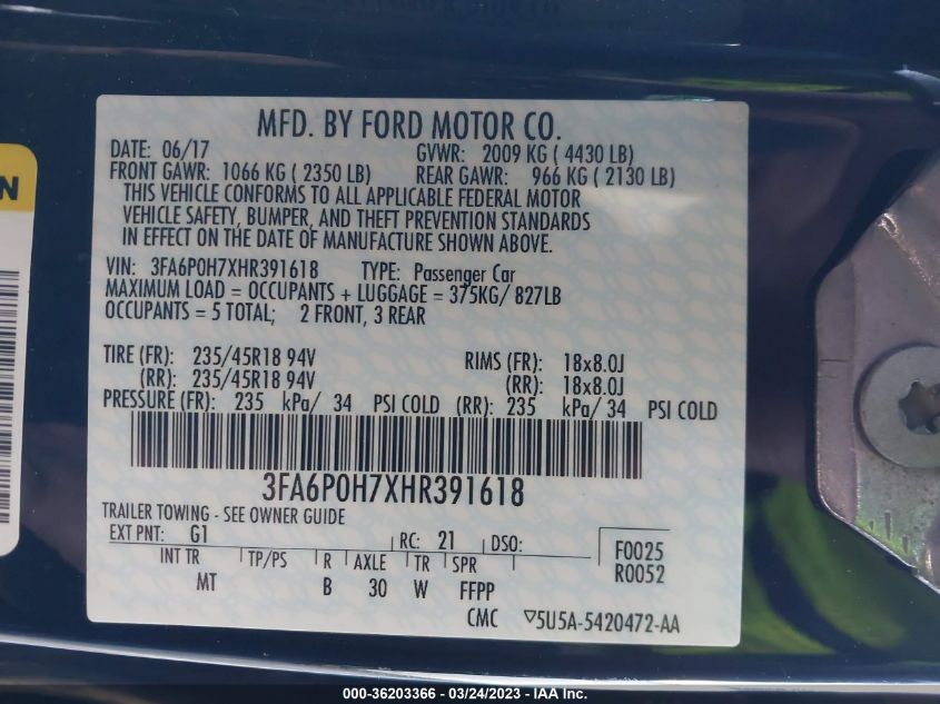 2017 FORD FUSION SE - 3FA6P0H7XHR391618