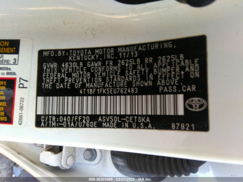2014 TOYOTA CAMRY L/LE/XLE/SE/SE SPORT - 4T1BF1FK5EU762483
