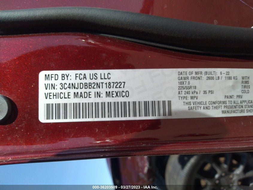 VIN 3C4NJDBB2NT187227 2022 JEEP COMPASS ALTITUDE